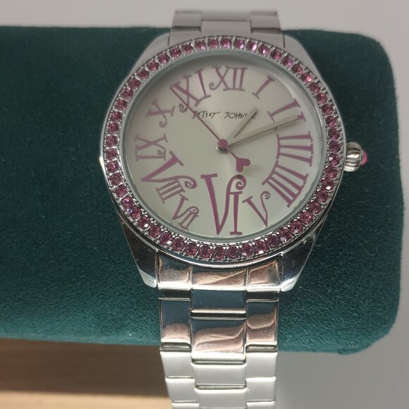 Betsy Johnson Silver Watch with beautiful Pink Crystal bezel. - Picture 1 of 4